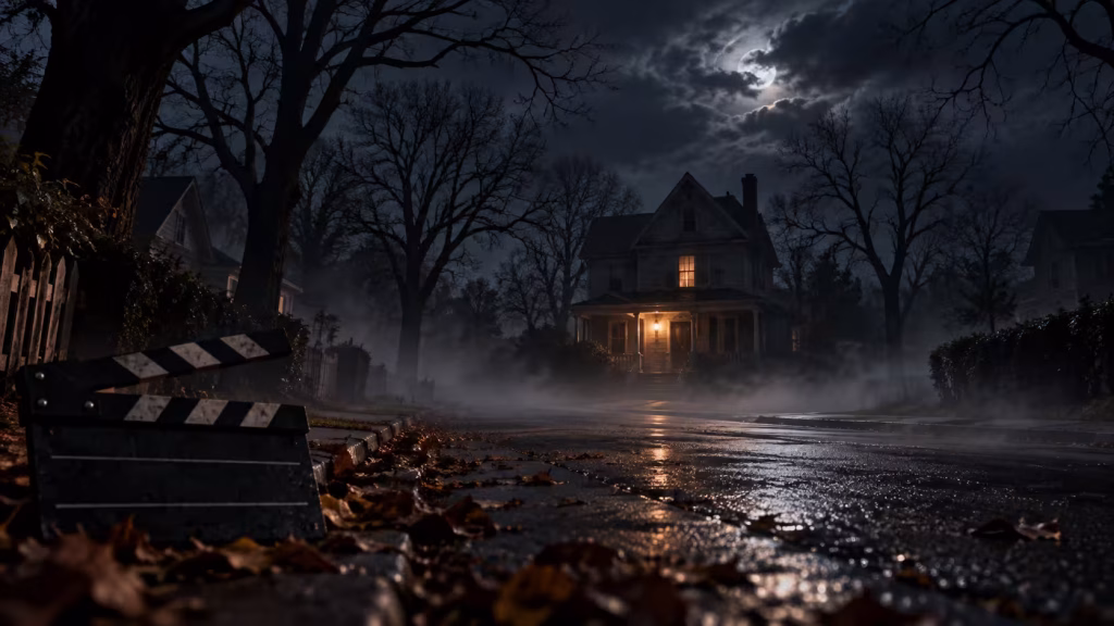 Foggy street and dark house in a Halloween horror movie setting.