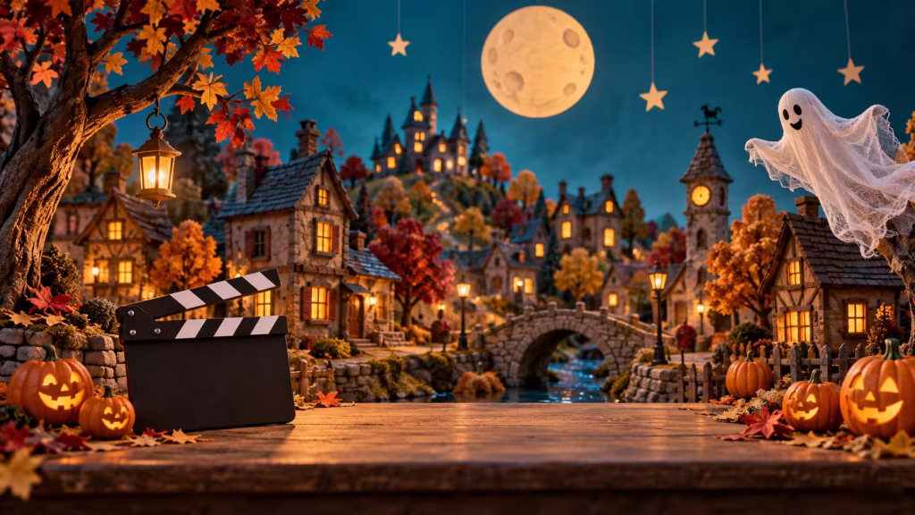 Whimsical Halloween town movie set with pumpkins and a friendly ghost.