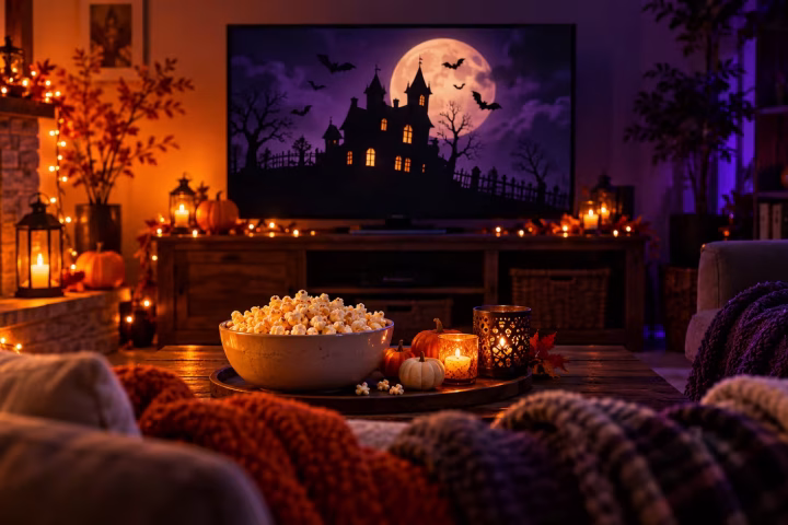 Halloween movie night with popcorn, pumpkins, and a moonlit haunted house on TV.