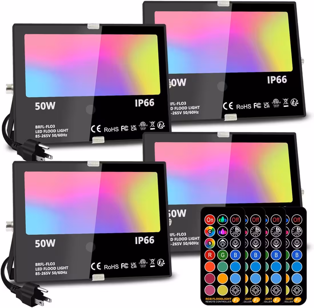MELPO 50W RGB Outdoor Flood Lights, 4-Pack