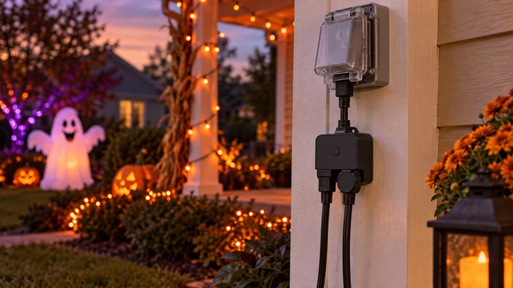 Weather-protected outdoor smart plug powering Halloween decorations