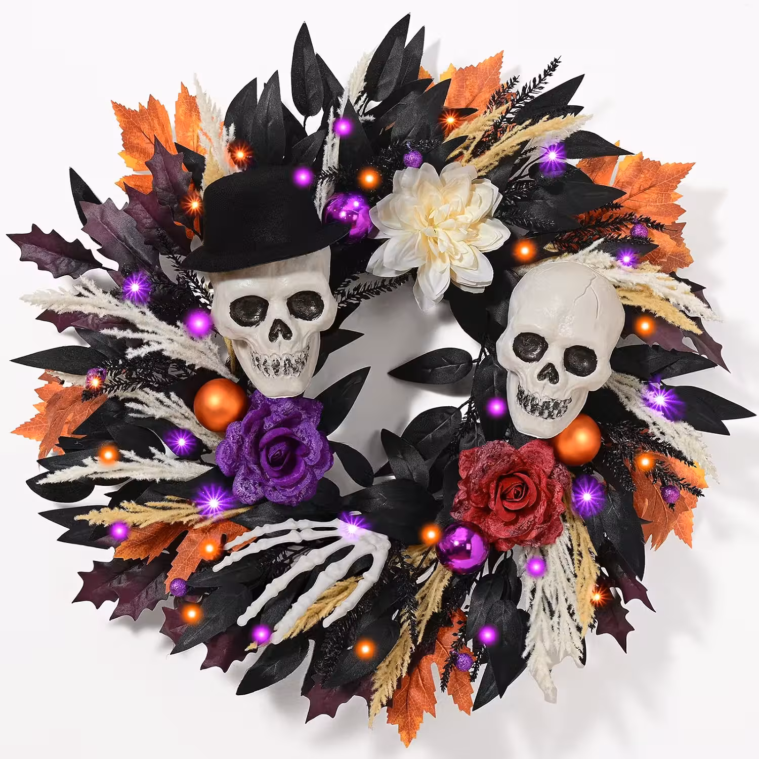 24-Inch Lighted Halloween Skull Wreath