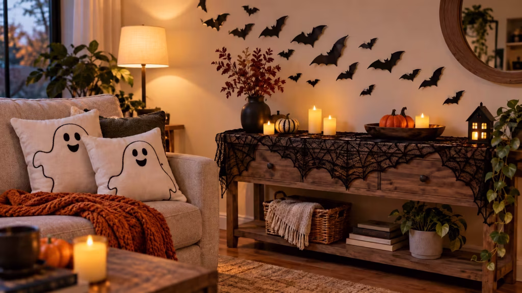 Affordable Halloween decorations with wall bats, ghost pillows and a spiderweb table runner