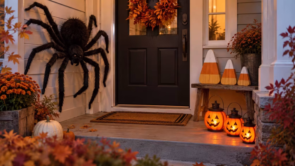 Outdoor Halloween spider with wooden candy corn decorations and pumpkin lanterns