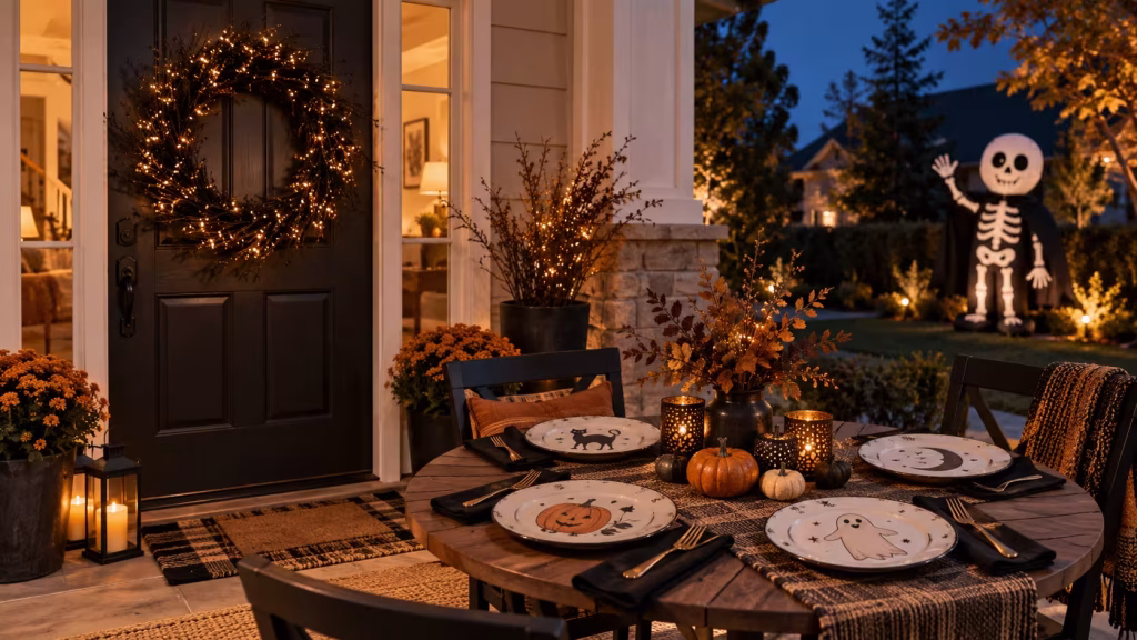 Lighted Halloween wreath, vintage dessert plates and skeleton yard inflatable