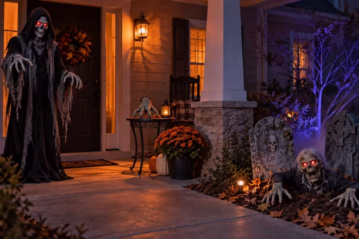 Grim Reaper, crawling zombie hand, and animated zombie groundbreaker in a Halloween home haunt