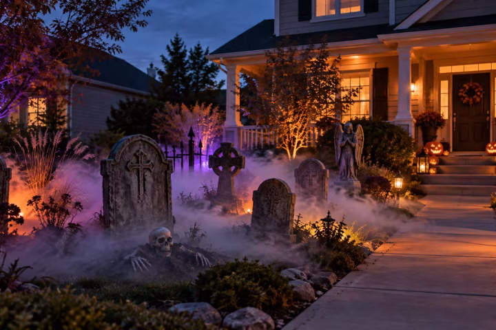 Halloween fog drifting through a lighted front-yard graveyard display