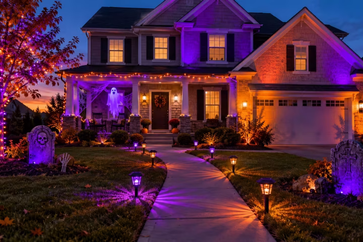 Purple and orange Halloween lights illuminating a decorated front yard and walkway
