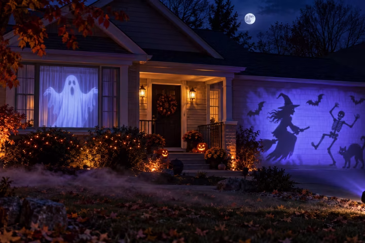 Halloween projections displayed in a window and across the outside of a house