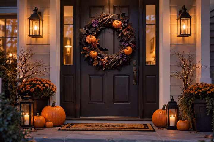 Halloween wreath with pumpkins and bats displayed on a front door
