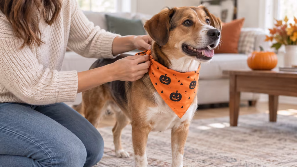 Owner checking the fit of a Halloween bandana on a relaxed dog