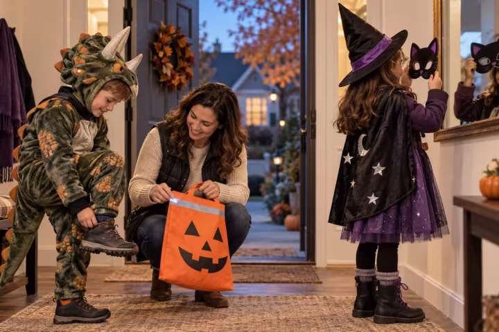 Family checking the fit and visibility of Halloween costumes before going outside