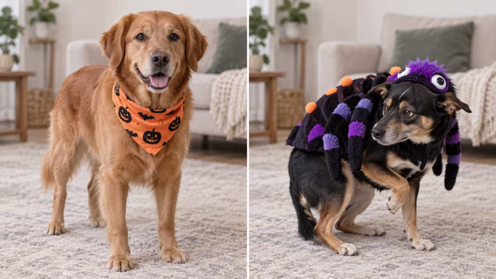 Comparison of a relaxed dog in a bandana and an uncomfortable dog in an elaborate costume