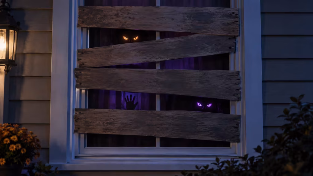 Faux boarded-up Halloween window with glowing eyes and a hand silhouette behind the glass.