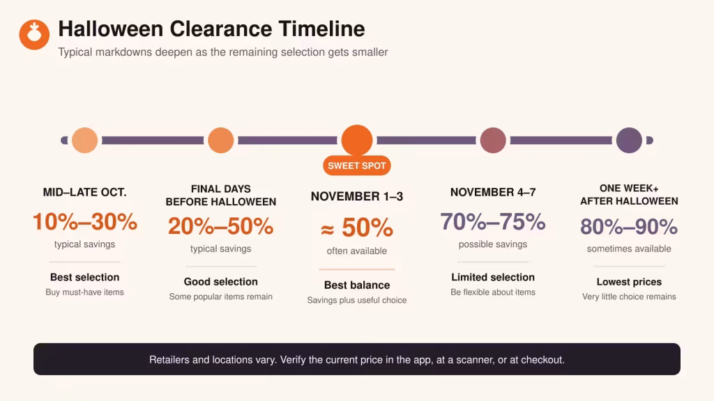Halloween clearance stages showing how savings increase while product selection decreases