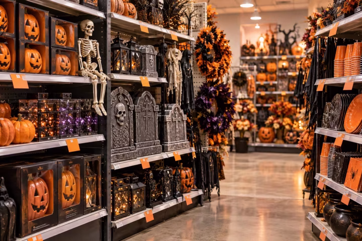 Halloween decorations displayed in a seasonal clearance aisle
