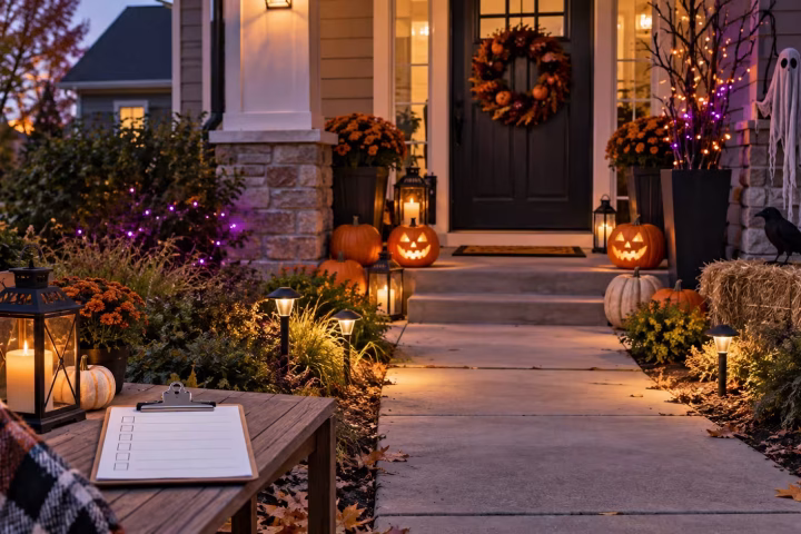 Organized Halloween porch display with pumpkins, lights and a decorating checklist