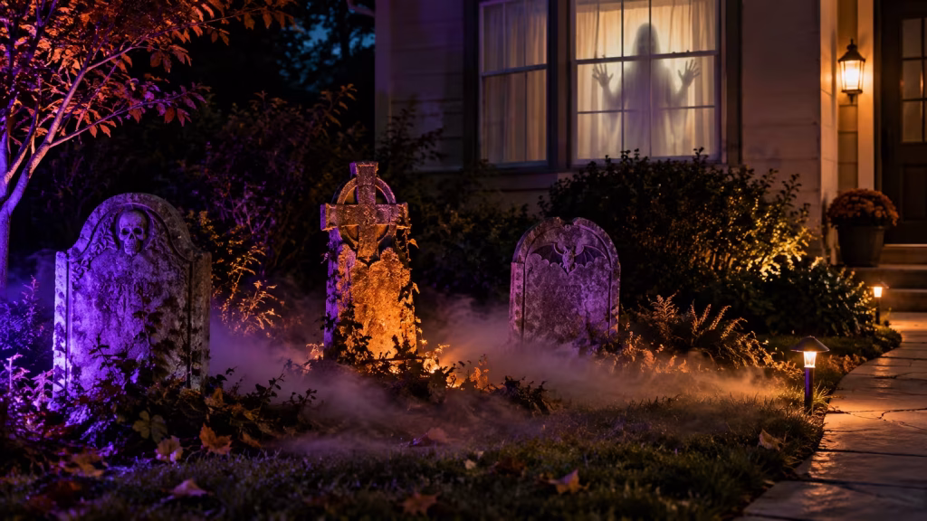 Purple and orange lighting with low fog and a ghost projection in a Halloween graveyard