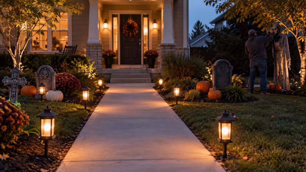 Clear Halloween visitor path with decorations positioned safely along both sides