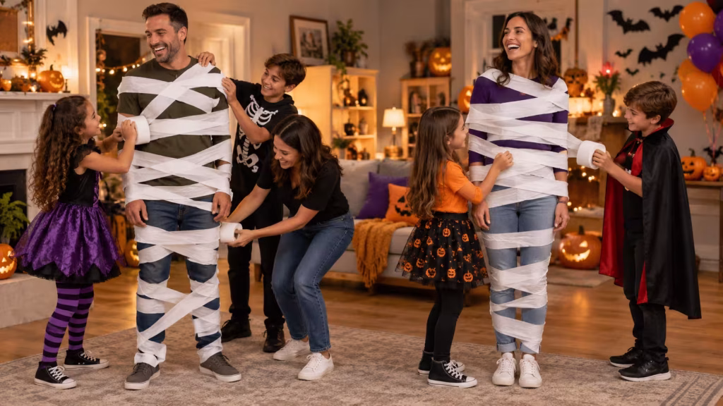 Families playing a Halloween mummy-wrapping relay with white streamers