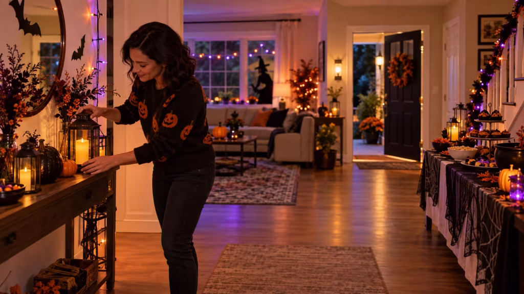 Host checking flameless candles and Halloween decorations before guests arrive
