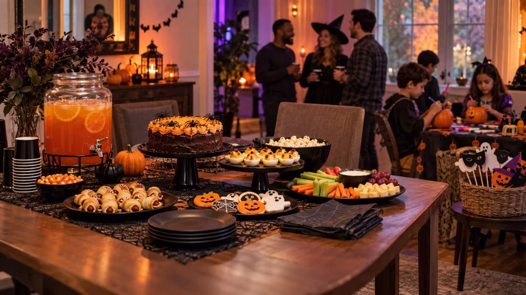 Halloween party buffet with themed food and a pumpkin-decorating activity