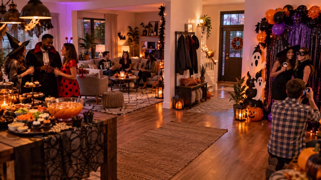 Halloween party layout with separate entrance, food, seating, and photo areas