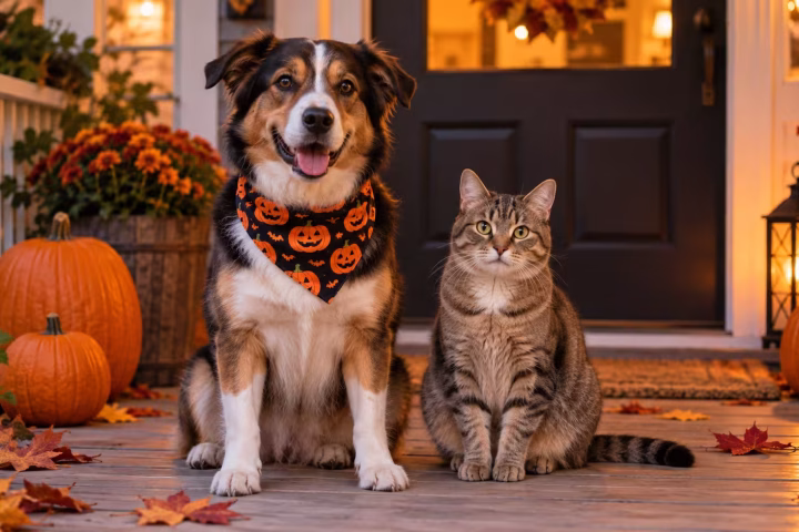 Relaxed dog wearing a Halloween bandana beside a cat and pumpkins