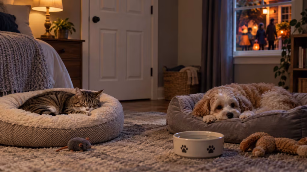 Cat and dog resting in a quiet room away from Halloween visitors
