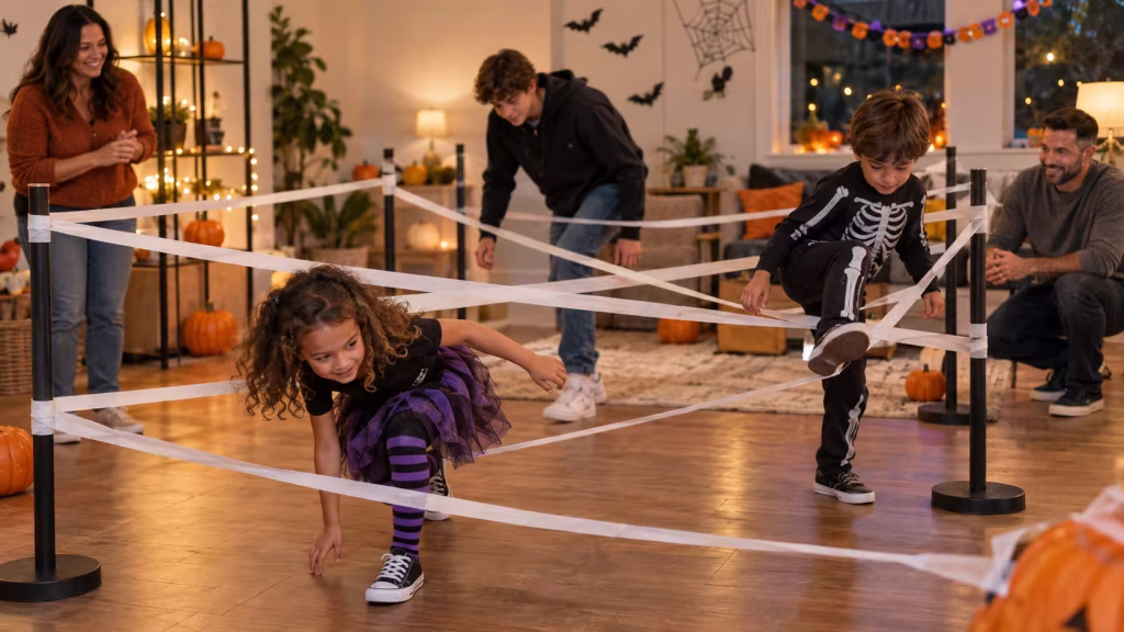 Children navigating a safe indoor Halloween spiderweb obstacle course