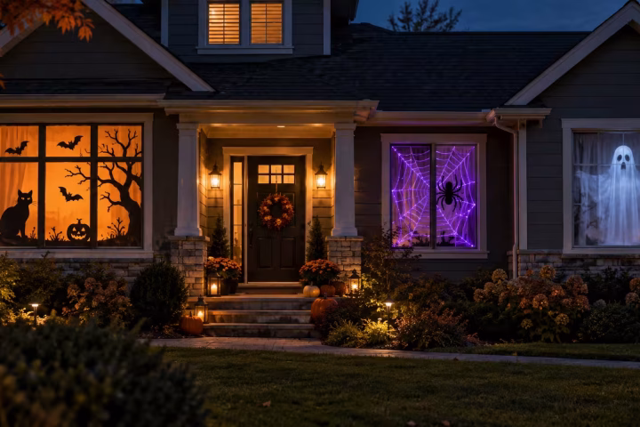 House with glowing Halloween window silhouettes, a purple spiderweb, and a projected ghost.