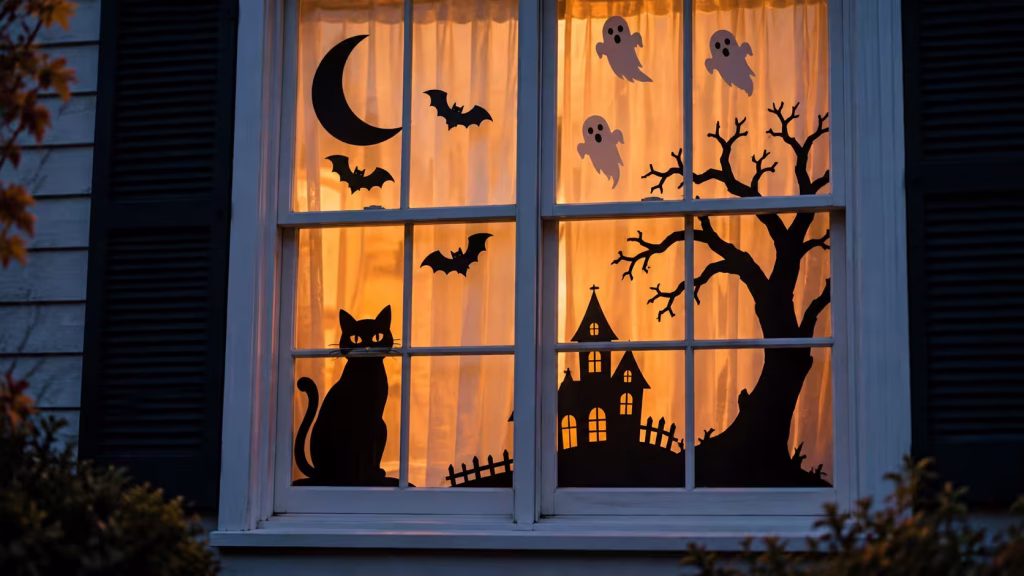 Halloween window decorated with a black cat, haunted house, bats, ghosts, and a crooked tree.