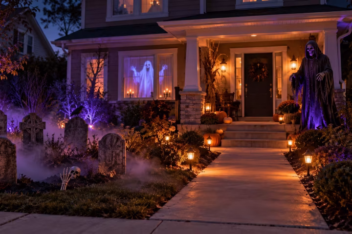 Halloween home haunt with a lighted pathway, graveyard, fog, projection, and animated figure