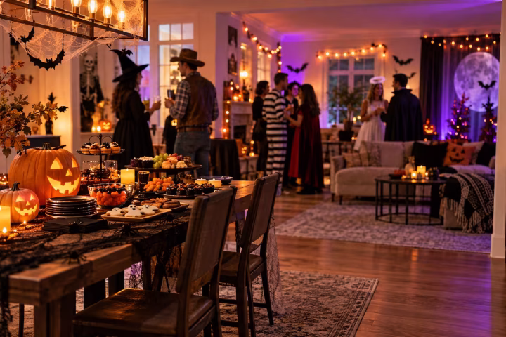 Halloween party at home with themed food, costumes, pumpkins, and orange and purple lighting