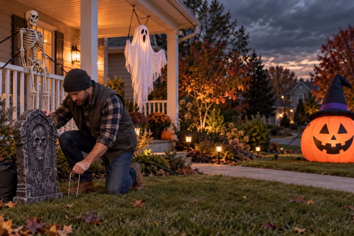 Halloween yard decorations secured with stakes and tethers before windy weather