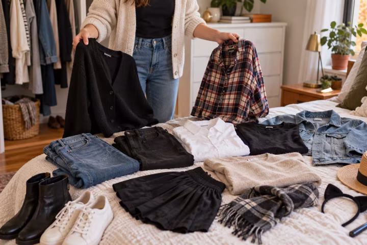 Person mixing and matching everyday clothes for a last-minute Halloween costume