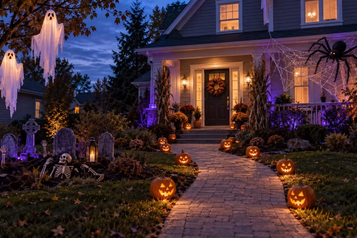Front yard decorated with pumpkins, ghosts, tombstones, spiderwebs, and a skeleton for Halloween