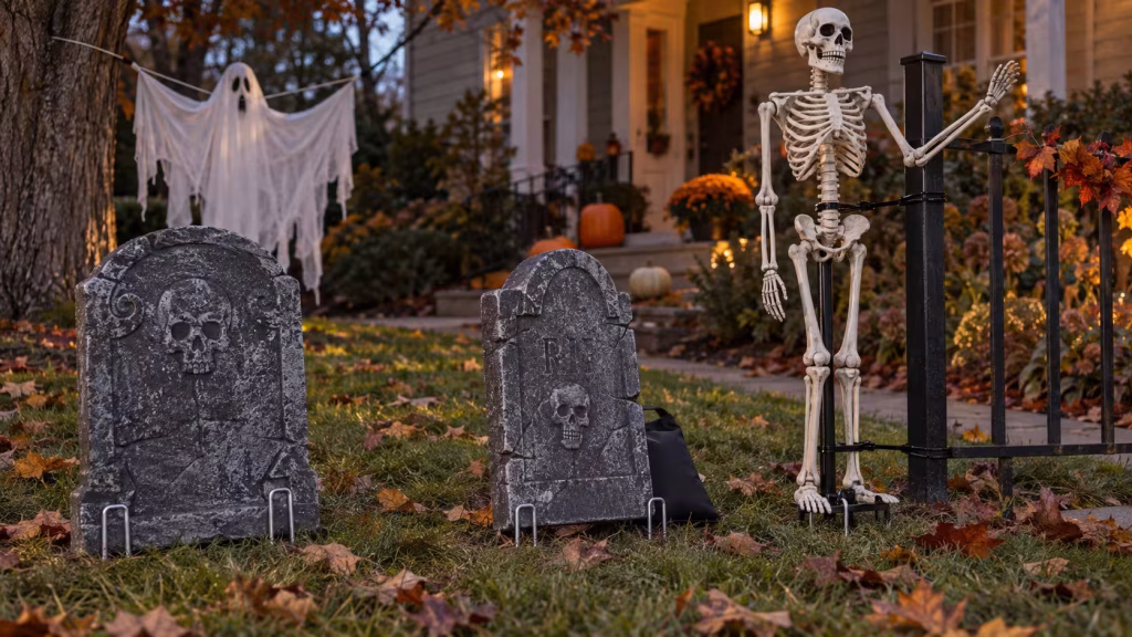 Foam tombstones and a skeleton secured with landscape stakes, reusable ties, and a concealed weight bag