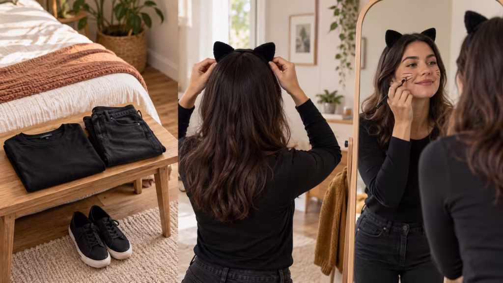 Everyday black clothing, cat ears, and simple whiskers forming a three-part Halloween costume