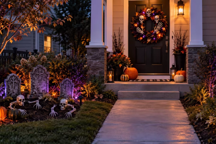 Small front porch decorated for Halloween with a skull wreath, pumpkins, compact graveyard, and colored lighting