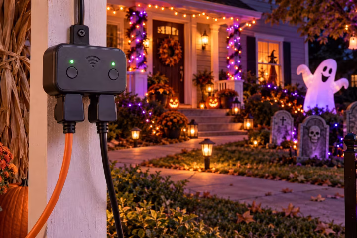 Outdoor Wi-Fi smart plug controlling Halloween yard decorations