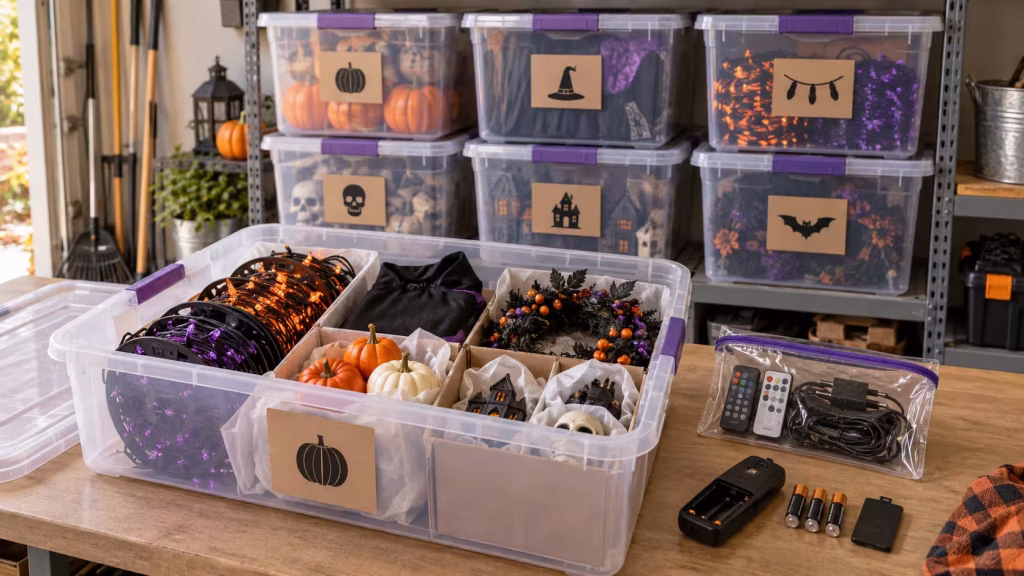 Halloween decorations organized in storage bins for next year
