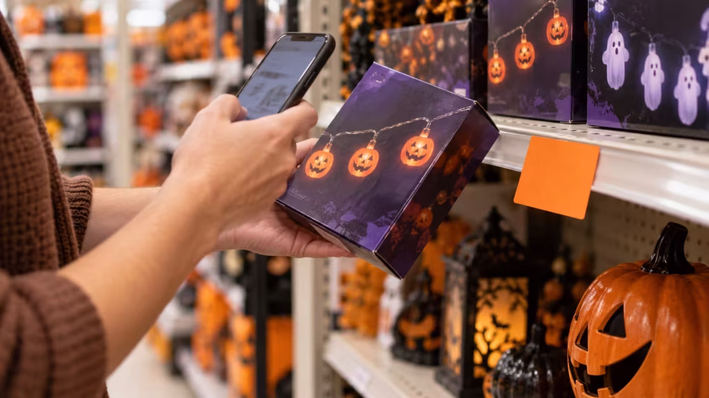 Shopper verifying the price of a Halloween clearance decoration
