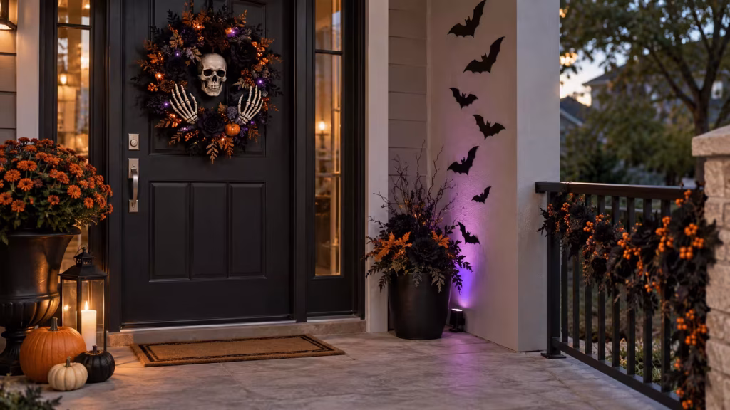 Halloween decorations arranged vertically around a small front door and porch wall