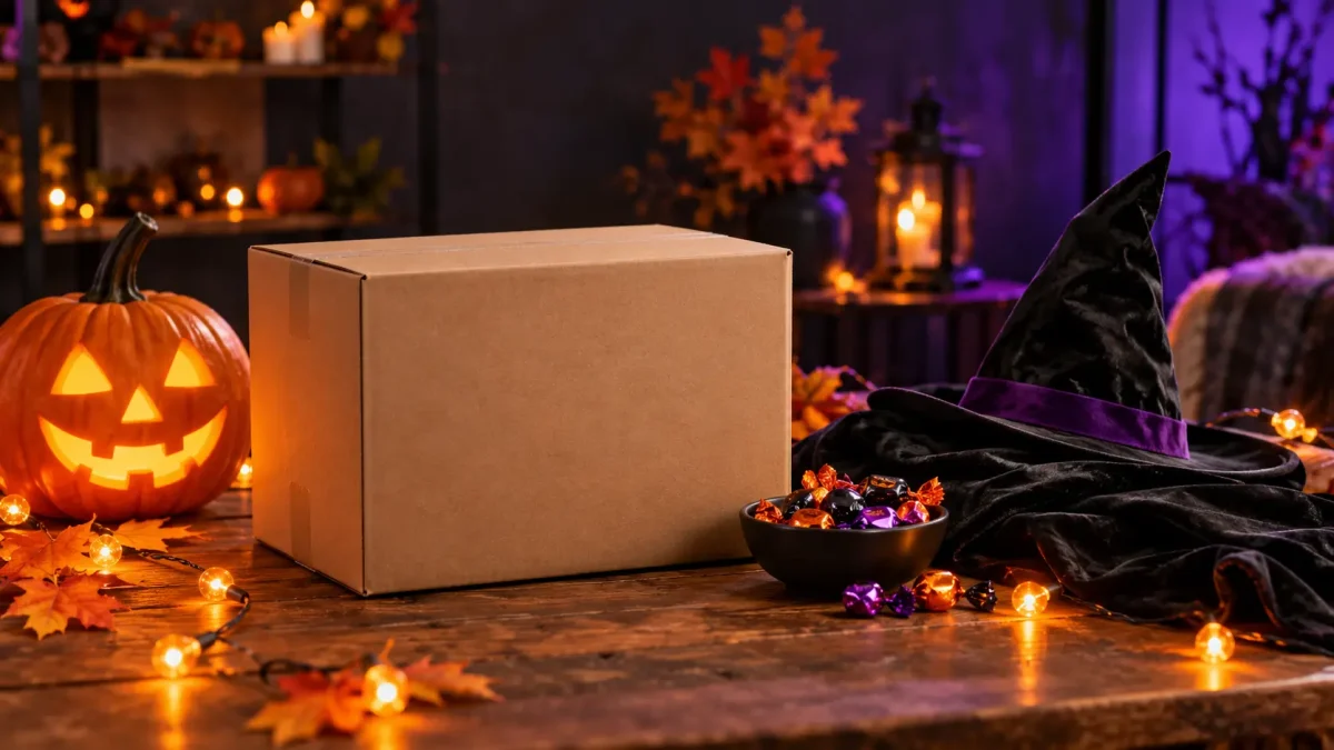 Halloween decorations, costume accessories and candy beside a delivery box