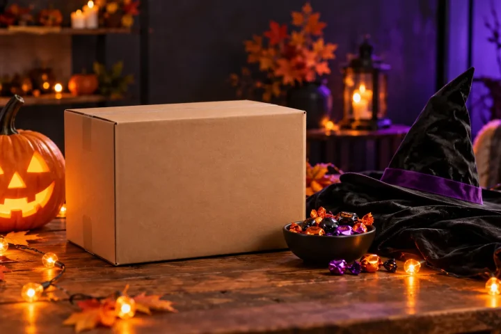 Halloween decorations, costume accessories and candy beside a delivery box