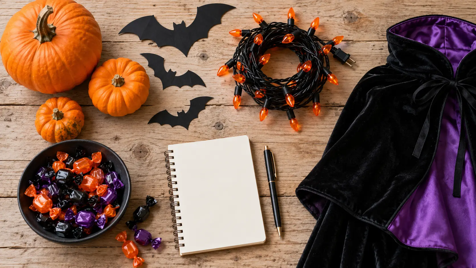 Pumpkins, paper bats, string lights, a cape and candy arranged beside a shopping notebook